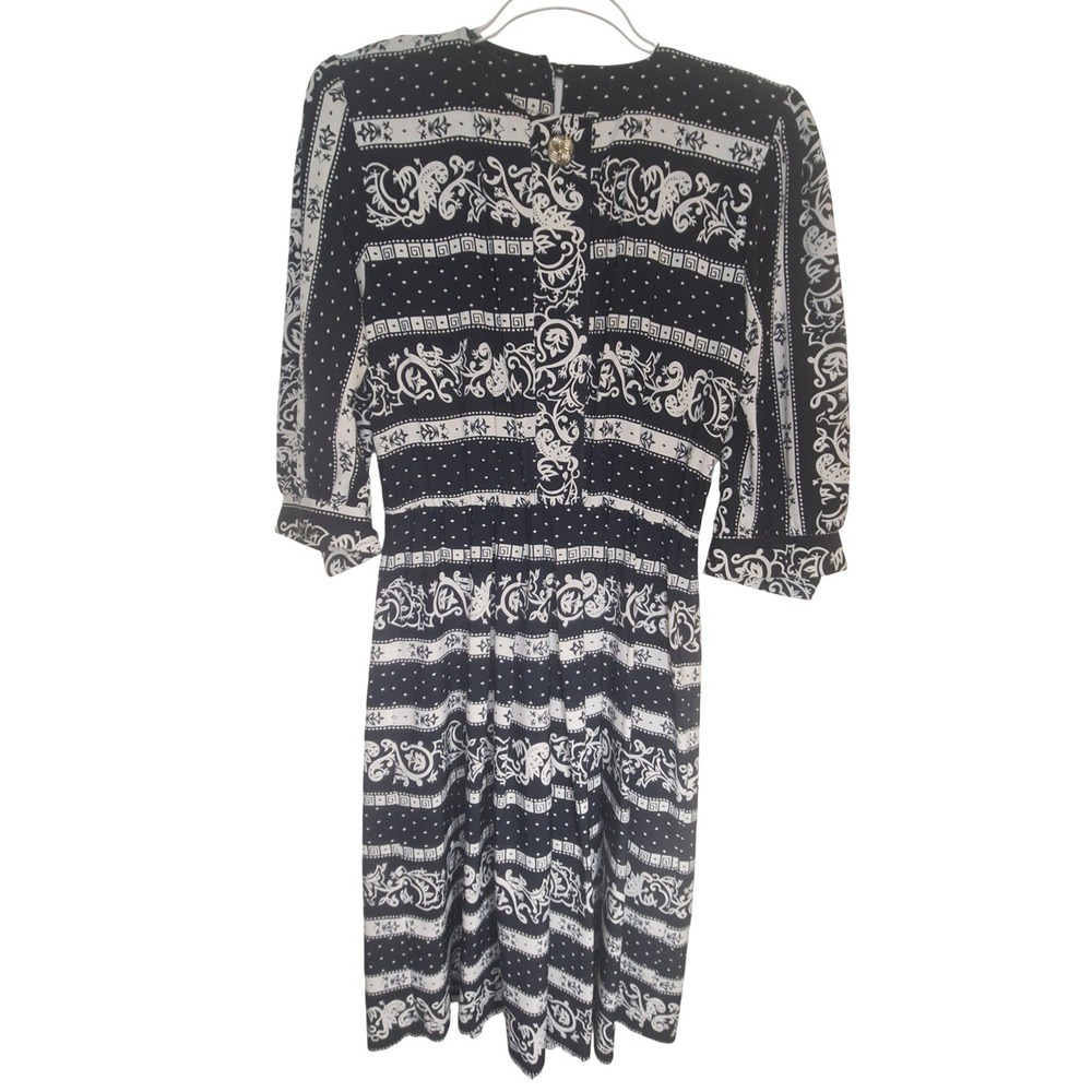 Breli Originals Vtg 80s Black White Midi‎ Dress Women's 6 Scroll Print Made USA